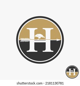 Simple and unique letter or word H serif font with arrow and bird on circle block image graphic icon logo design abstract concept vector stock. Can be used as symbol related to classic or initial