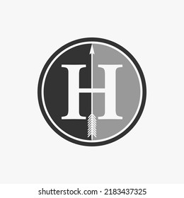 Simple and unique letter or word H serif font with arrow on circle block image graphic icon logo design abstract concept vector stock. Can be used as symbol related to classic or initial