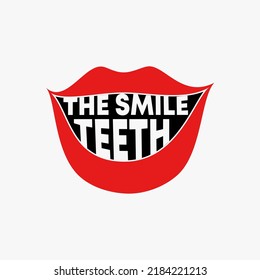 Simple and unique letter or word THE SMILE TEETH font with mouth lips and tooth image graphic icon logo design abstract concept vector stock. Can be used as symbol related to kiss or dental