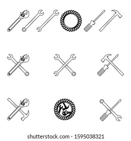 Simple and unique mechanical equipment like gear, hammer, screwdriver, and wrench image graphic icon logo design abstract concept vector stock. Can be used as a symbol related to machine or tool.