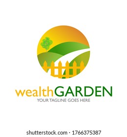 simple and unique road, surrounding scenery, and fence in circle block image graphic icon logo design abstract concept vector stock. Can be used as a symbol related to garden or travel