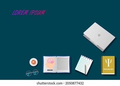 Simple and unique wallpaper about education and entertainment with psychology books vector, notebook, pencil, laptop, and coffee. Vector illustration.