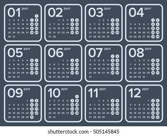 Simple universal calendar for 2017 on dark background. The calendar not contain any words or letters, digits only