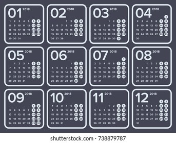 Simple universal calendar for 2018 on dark background. The calendar does not contain any words or letters, digits only