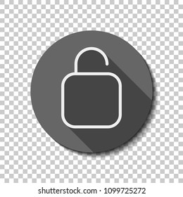 Simple unlock. Linear, thin outline. flat icon, long shadow, circle, transparent grid. Badge or sticker style