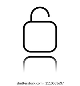 Simple unlock. Linear, thin outline. Black icon with mirror reflection on white background