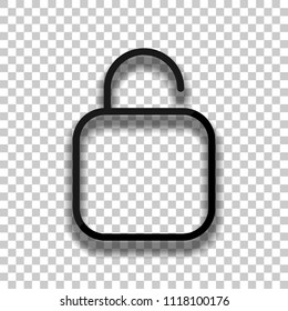 Simple unlock. Linear, thin outline. Black glass icon with soft shadow on transparent background