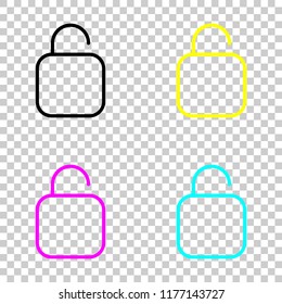 Simple unlock. Linear, thin outline. Colored set of cmyk icons on transparent background