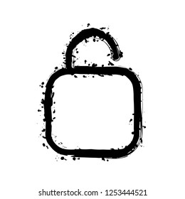 Simple unlock. Linear, thin outline. Black ink with splashes on white background