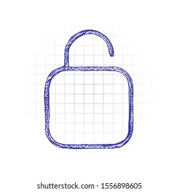 Simple unlock. Linear, thin outline. Hand drawn sketched picture with scribble fill. Blue ink. Doodle on white background
