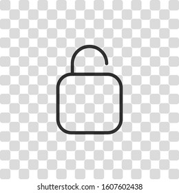 Simple unlock. Linear, thin outline. Black symbol on transparency grid