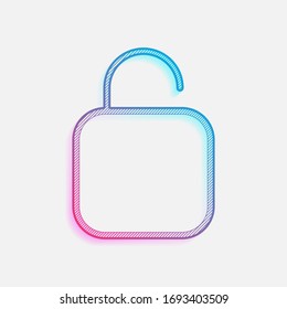 Simple unlock. Linear, thin outline. Colored logo with diagonal lines and blue-red gradient. Neon graphic, light effect