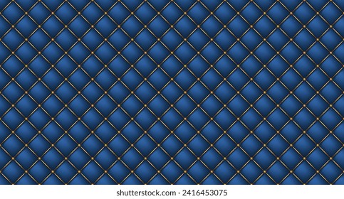 Simple upholstery quilted background. Quilted stitched background pattern. Blue leather texture sofa backdrop. Seamless texture quilted background