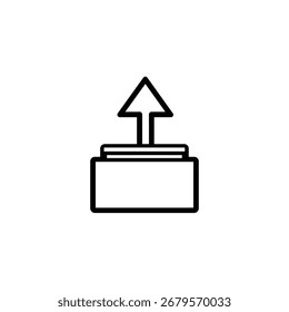 Simple upwards arrow rising from a flat rectangle with a transparent backdrop. Icon for uploading or directing movement.