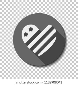 simple USA flag icon. Heart shape. flat icon, long shadow, circle, transparent grid. Badge or sticker style