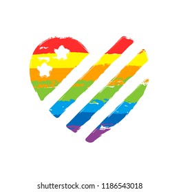 simple USA flag icon. Heart shape. Drawing sign with LGBT style, seven colors of rainbow (red, orange, yellow, green, blue, indigo, violet