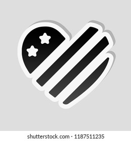 simple USA flag icon. Heart shape. Sticker style with white border and simple shadow on gray background