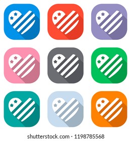 simple USA flag icon. Heart shape. Set of white icons on colored squares for applications. Seamless and pattern for poster