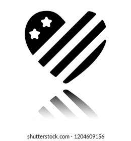 simple USA flag icon. Heart shape. Black icon with mirror reflection on white background