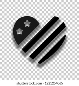 simple USA flag icon. Heart shape. Black glass icon with soft shadow on transparent background