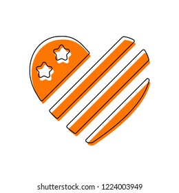 simple USA flag icon. Heart shape. Isolated icon consisting of black thin contour and orange moved filling on different layers. White background