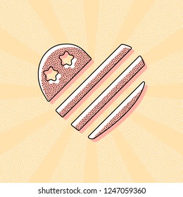 simple USA flag icon. Heart shape. Vintage retro typography with offset printing effect. Dots poster with comics pop art background