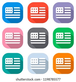 simple USA flag icon. Rectangle shape. Set of white icons on colored squares for applications. Seamless and pattern for poster