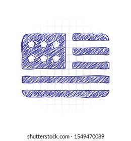 simple USA flag icon. Rectangle shape. Hand drawn sketched picture with scribble fill. Blue ink. Doodle on white background
