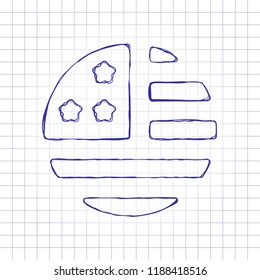 simple USA flag icon. Round shape. Hand drawn picture on paper sheet. Blue ink, outline sketch style. Doodle on checkered background