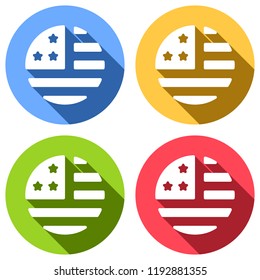 simple USA flag icon. Round shape. Set of white icons with long shadow on blue, orange, green and red colored circles. Sticker style