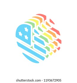 simple USA flag icon. Round shape. Stack of colorful isometric icons on white background