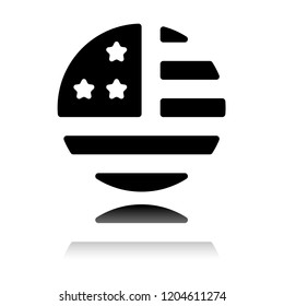 simple USA flag icon. Round shape. Black icon with mirror reflection on white background