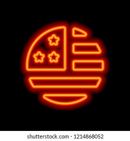 simple USA flag icon. Round shape. Orange neon style on black background. Light icon