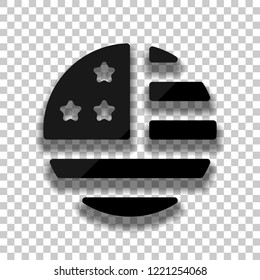 simple USA flag icon. Round shape. Black glass icon with soft shadow on transparent background