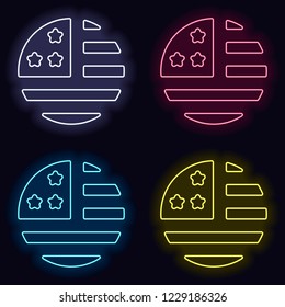 simple USA flag icon. Round shape. Set of neon sign. Casino style on dark background.