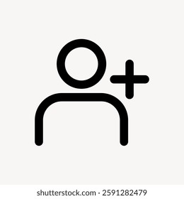 Simple user icon with a plus sign, representing adding a user. Black outline on a white background.