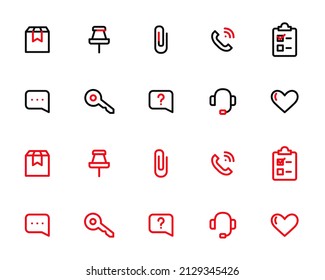 Configuración de iconos simples de la interfaz de usuario. Iconos de trazo de 10 píxeles perfectos y modificables en 2 colores. Caja de entrega, punto de conexión, llamada telefónica, mensajería y lista de verificación.