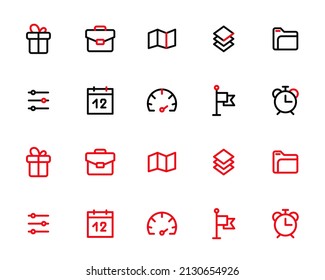 Simple user interface icons set. 10 pixel perfect, editable stroke icons. Calendar, gift box, speedometer, folder, flag and alarm clock