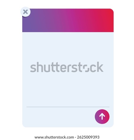 Simple user interface window with a colorful header, showing upload and close buttons