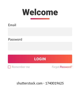 Simple user login form menu or page interface design with red gradient color theme. Sign up template for website, mobile, and apps development. Vector Eps 10 illustration