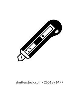 Un simple couteau utilitaire avec une lame rétractable, représenté sous la forme d'une icône noire. Outil pour découper des boîtes, du carton et d'autres matériaux.