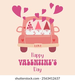 simple valentine card with pink car and pink gnomies, perfect for website banners, sales promotions, Valentine's cards, covers, flyers, or posters
