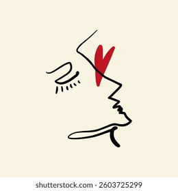 Simple Valentine hand drawn black and white trendy line portrait art. Valentine couple. Abstract composition. Monochrome print for clothes, textile and other. Vector illustration clip-art. Continuous