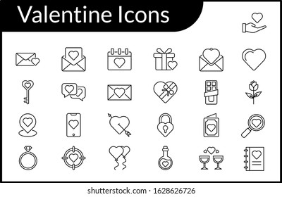 Simple Valentine & Love Icon Set With Line Style Contain 25 Icons Such as Letter, Heart, Rose, Flower, Romance, Dating, Married and more. 96 x 96 Pixel Perfect