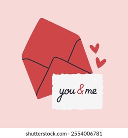 Simple Valentines Day card with envelope. Flat vector hearts hand drawn doodle. Simple, minimalistic, holiday card.