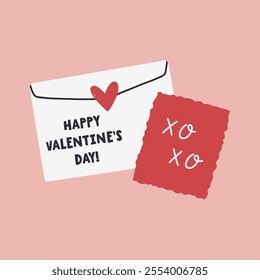 Simple Valentines Day card with envelope. Flat vector hearts hand drawn doodle. Simple, minimalistic, holiday card.