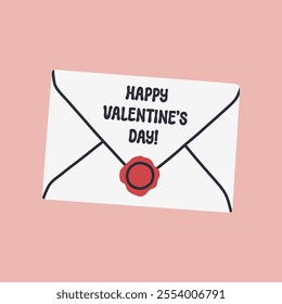 Simple Valentines Day card with envelope. Flat vector hearts hand drawn doodle. Simple, minimalistic, holiday card.