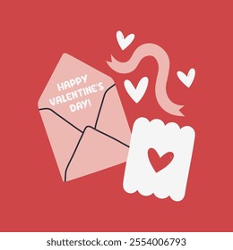 Simple Valentines Day card with envelope. Flat vector hearts hand drawn doodle. Simple, minimalistic, holiday card.