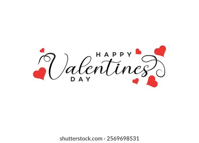 A simple Valentines Day card featuring elegant calligraphy text Happy Valentines Day surrounded by small, lightcoral hearts on a white background.