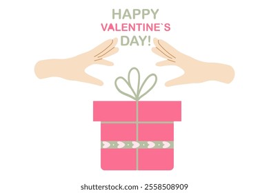 Simple Valentines Day card with a gift and a person's hand. Vector flat icon. Beautiful design template.